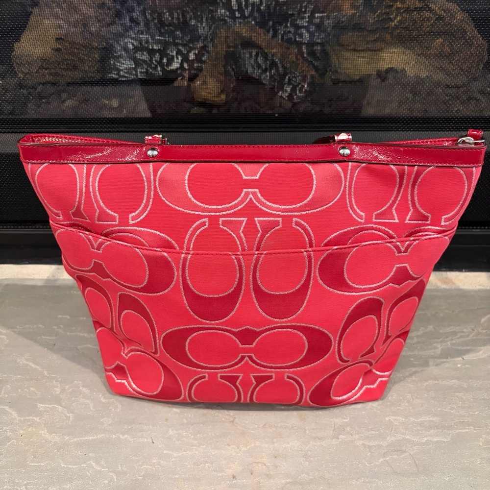 2012 Coach Red Signature Tote with Floral Charm - Picture 3 of 10